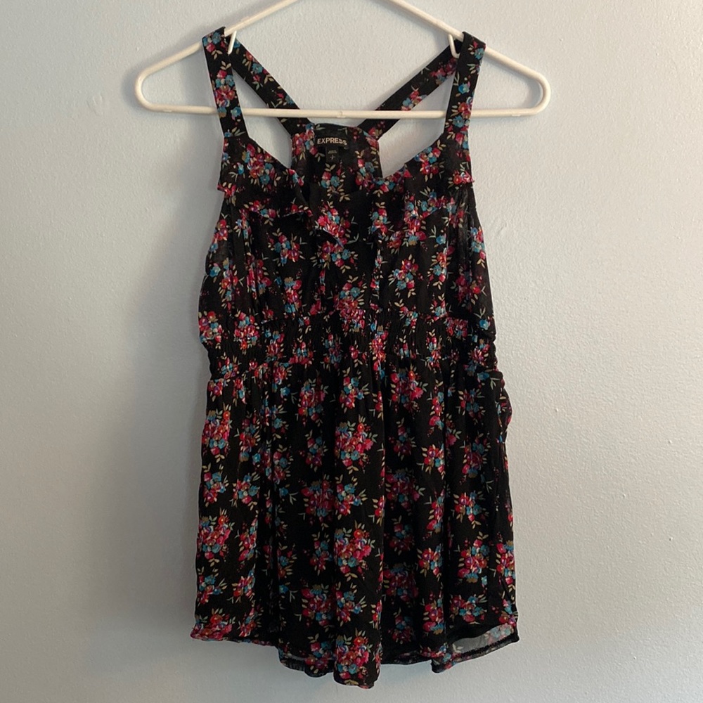 Express Women’s Shirt Dress Small Dark Blue with Floral Print Cinched Waist